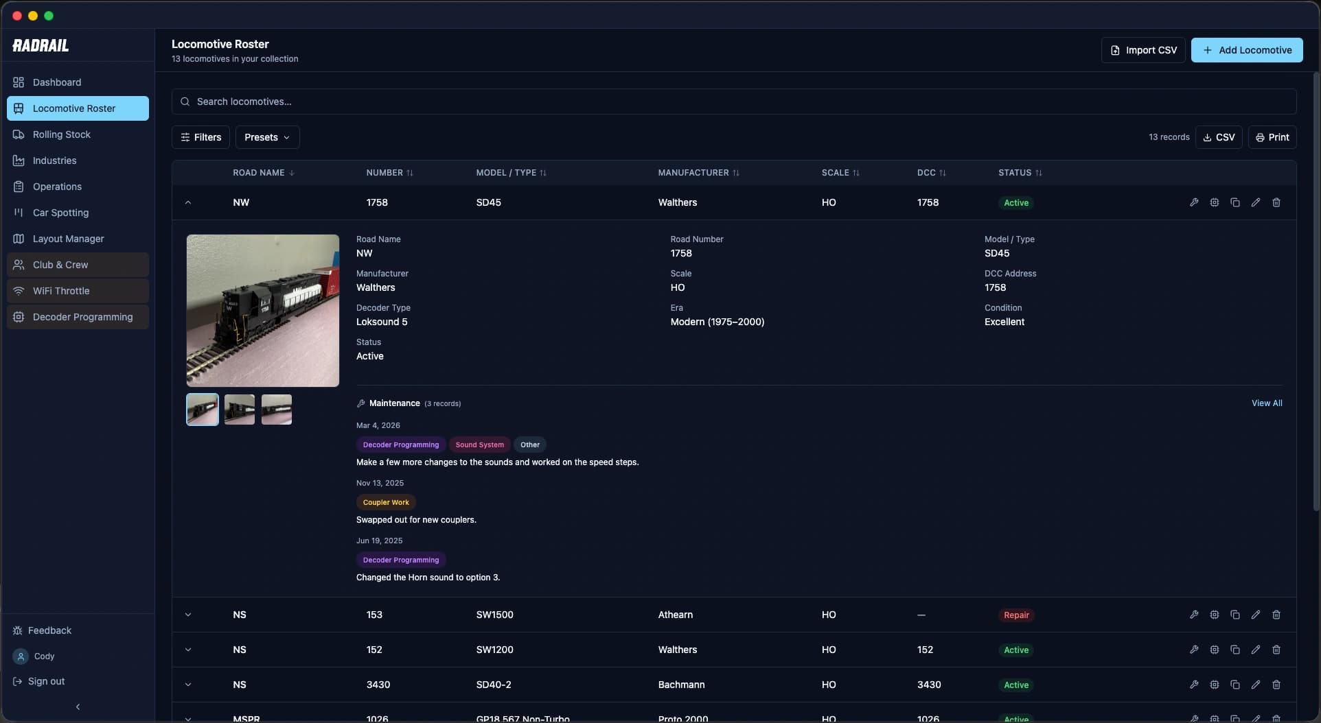 RadRail Locomotive Roster screenshot